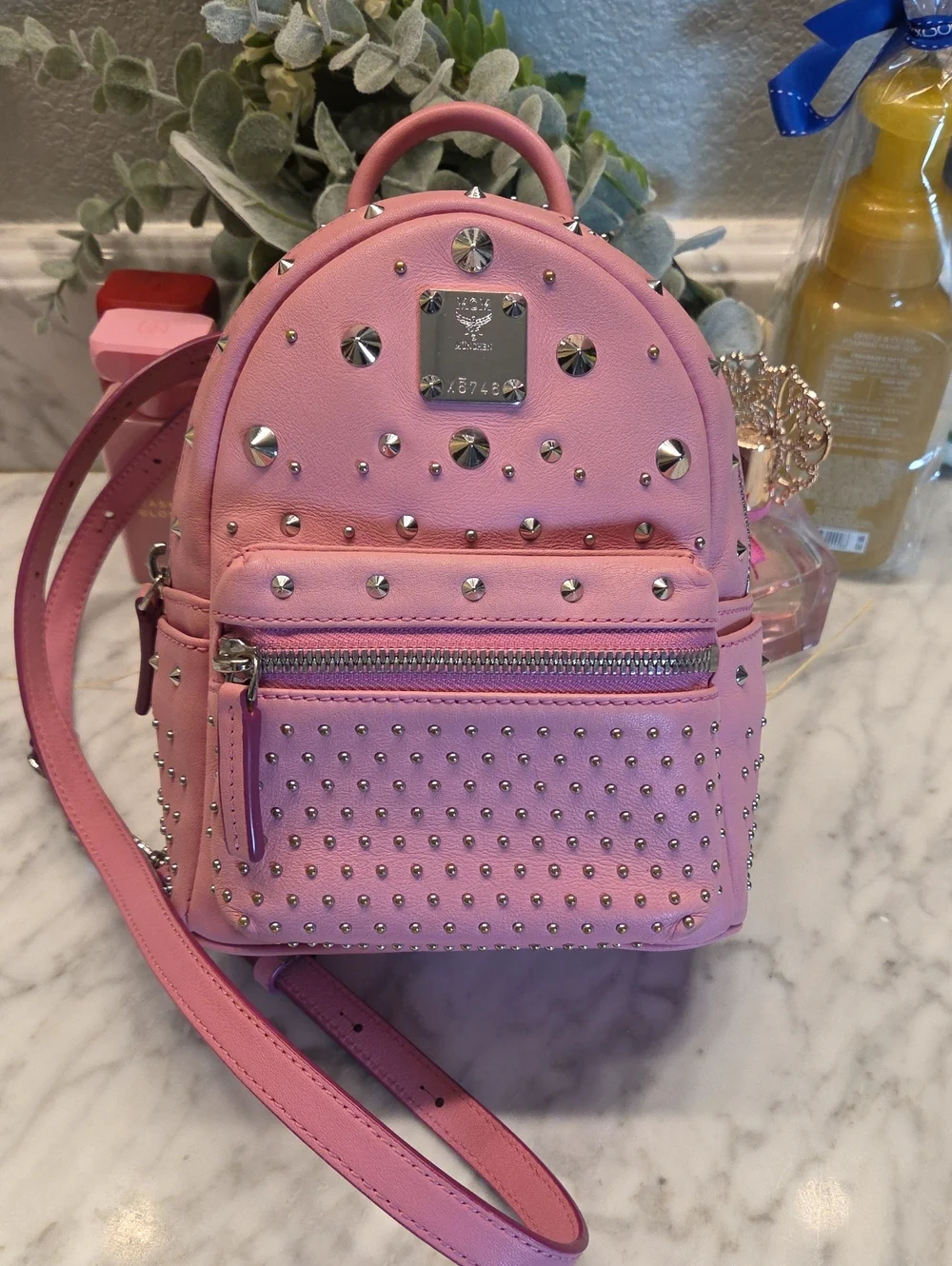 EUC MCM Baby Pink Studded Mini Backpack Crossbody 🩷